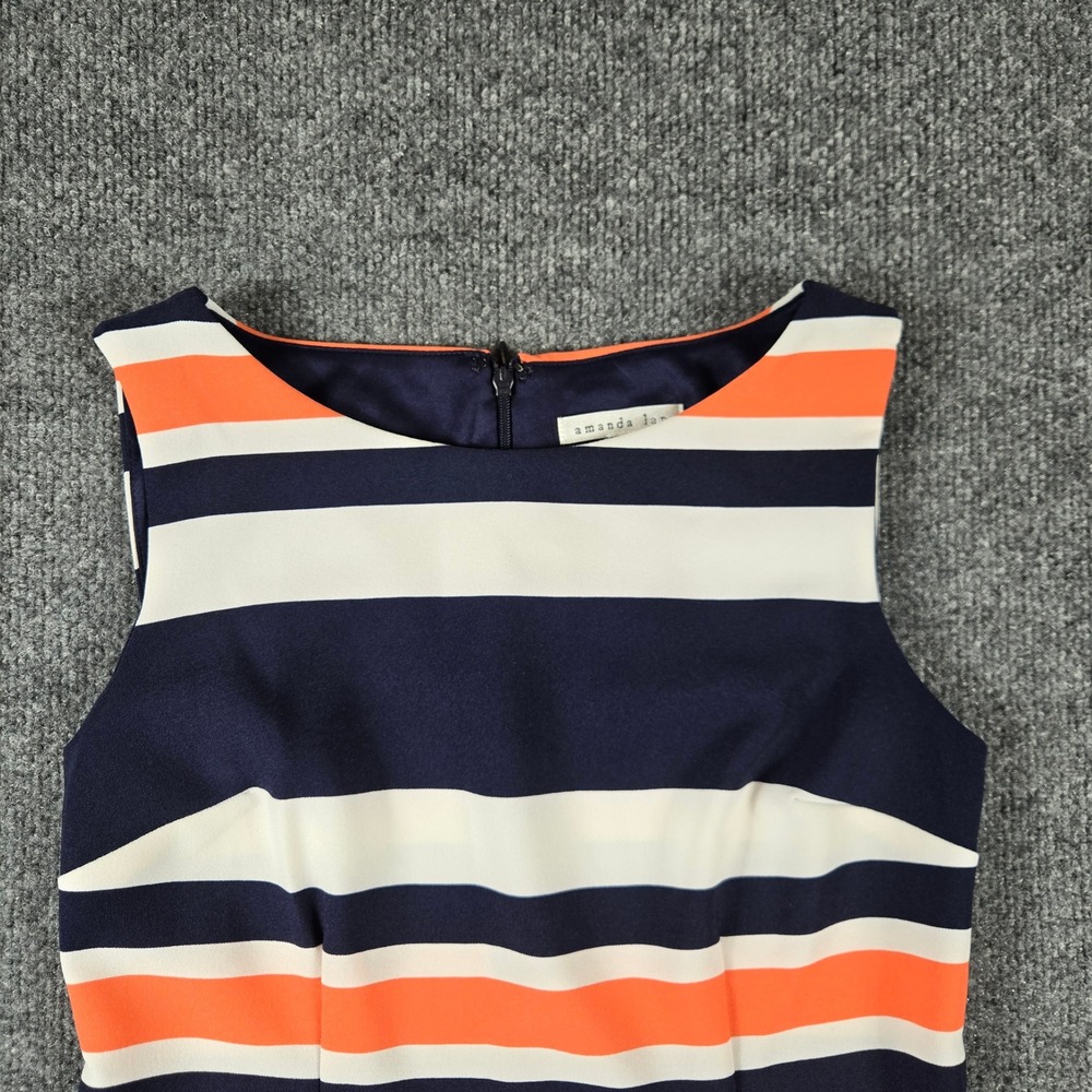 Amanda Lane Sheath Dress Womens 2P Navy Orange Striped Good Sleeveless Petite - Picture 4 of 9